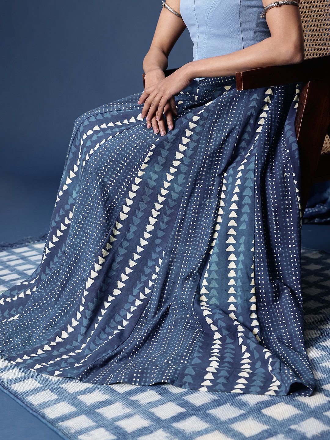 Taavi Indigo Printed Pure Cotton Maxi Flared Skirt-picture-52