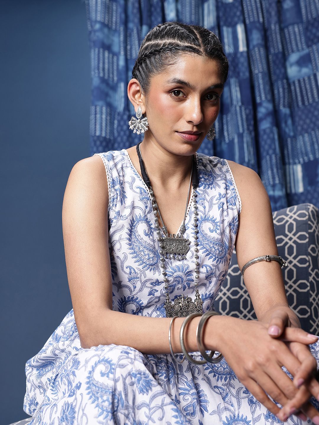 Taavi Paisley Block Printed Pure Cotton Fit & Flare Midi Dress-picture-23