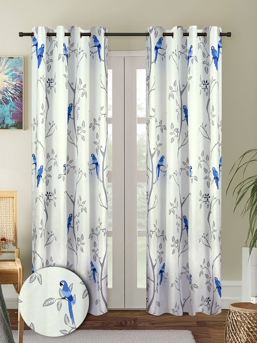 Cortina White & Blue 2 Pieces Floral Printed Cotton Long Door Curtains-picture-32