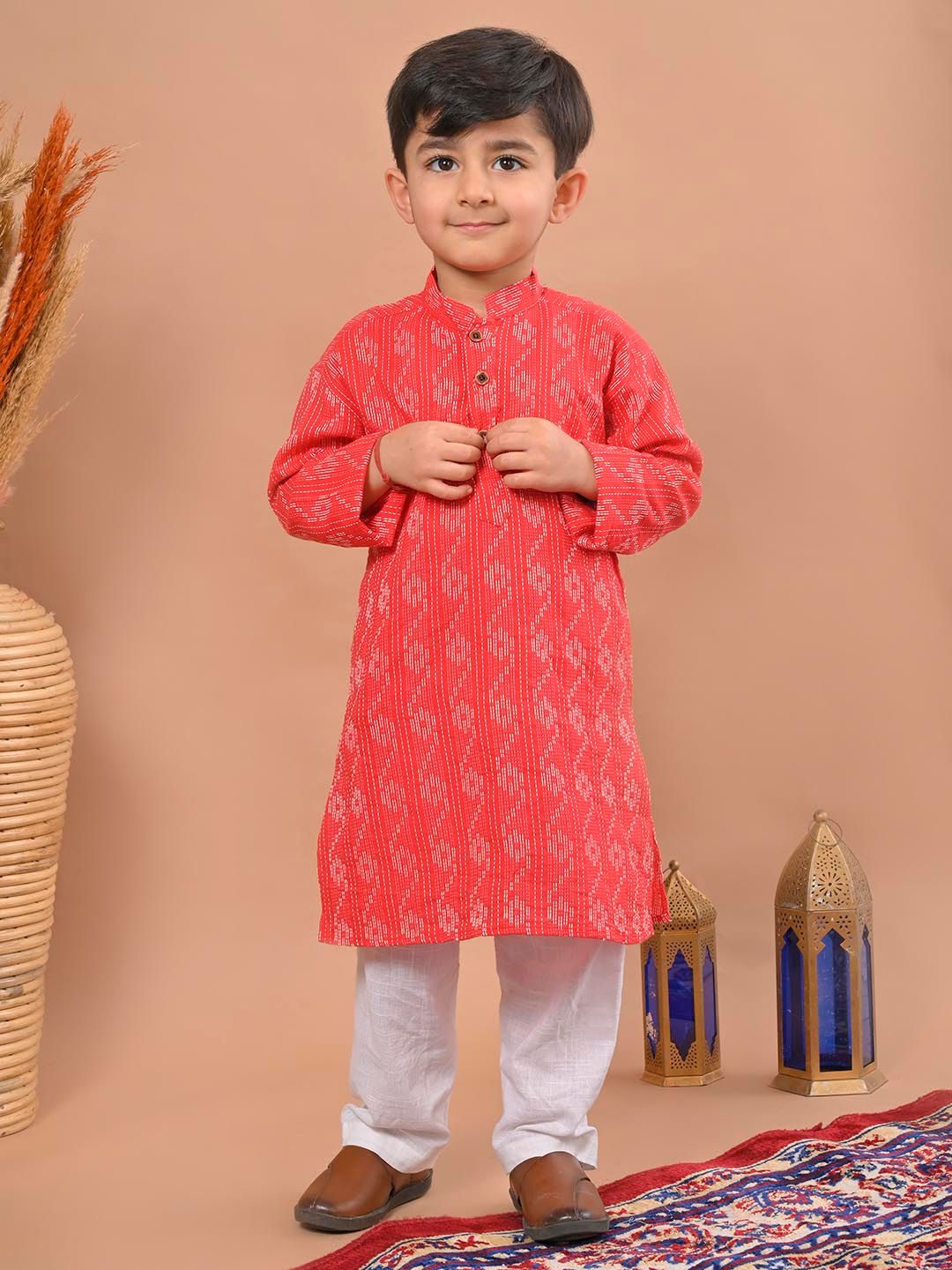 Sangria Red Boys Geometric Woven Design Pure Cotton Straight Kurta With Pyjama
