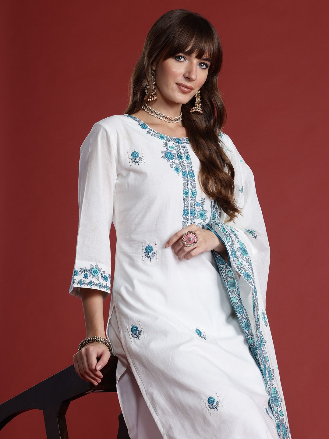 Indo Era Floral Embroidered Thread Work Pure Cotton Kurta with Trousers & With Dupatta