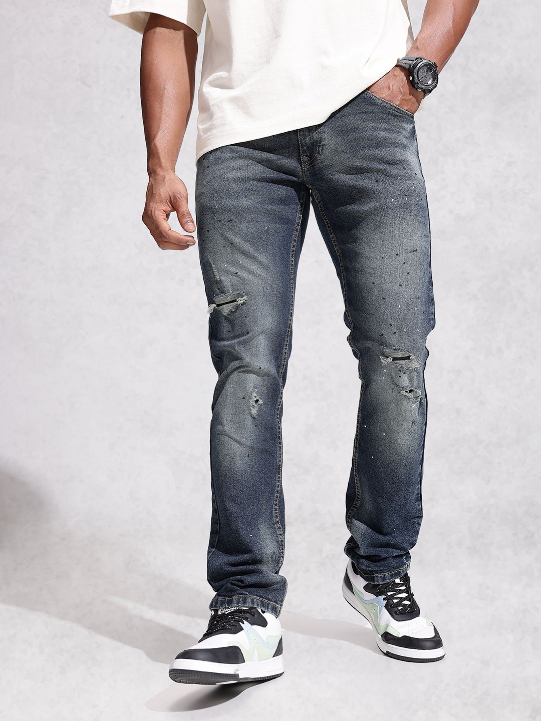 WROGN Men Slim Fit Low Distress Heavy Fade Stretchable Jeans-picture-30