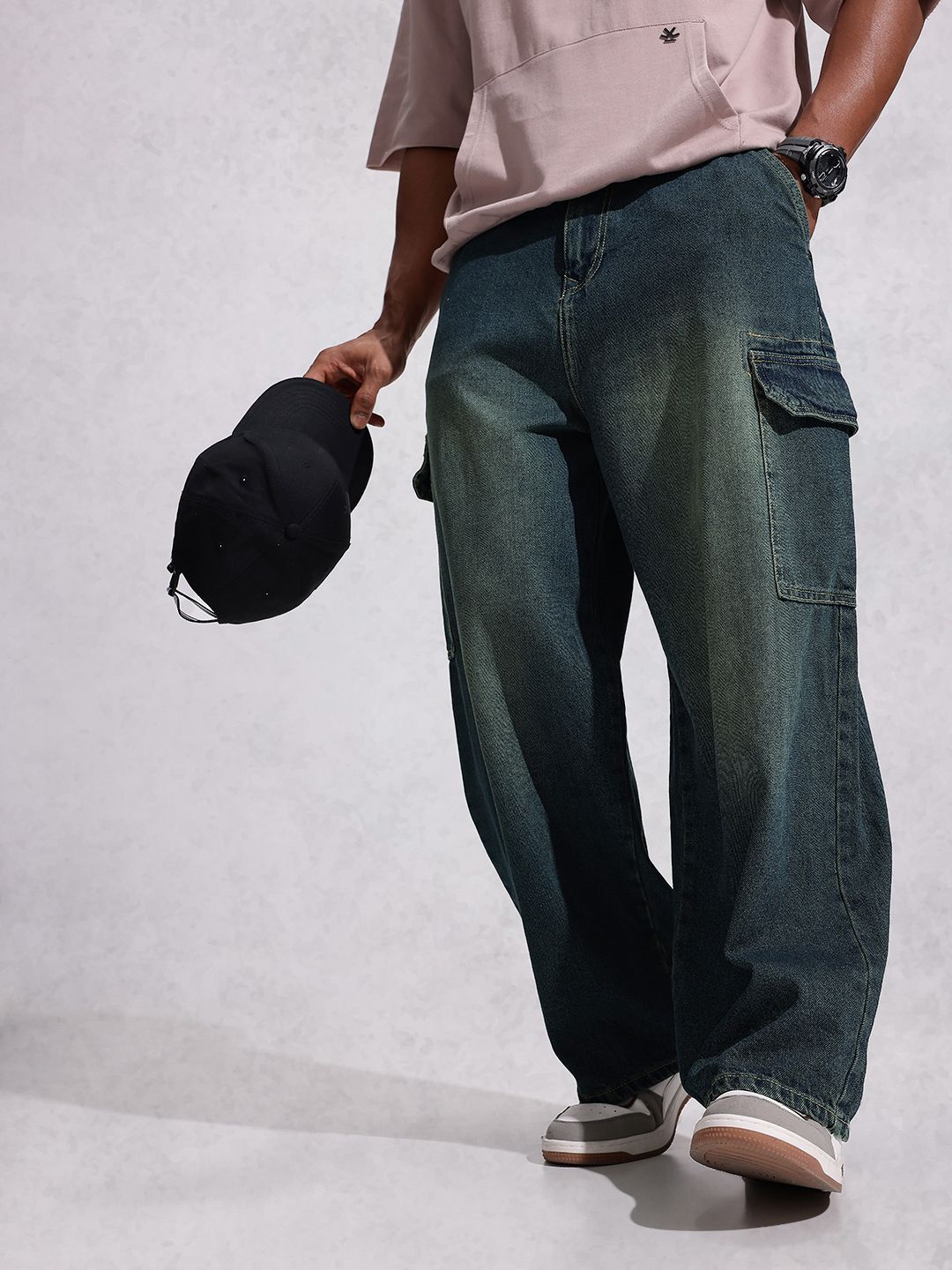 WROGN Men Pure Cotton Baggy Fit Cargo Light Fade Jeans-image-0