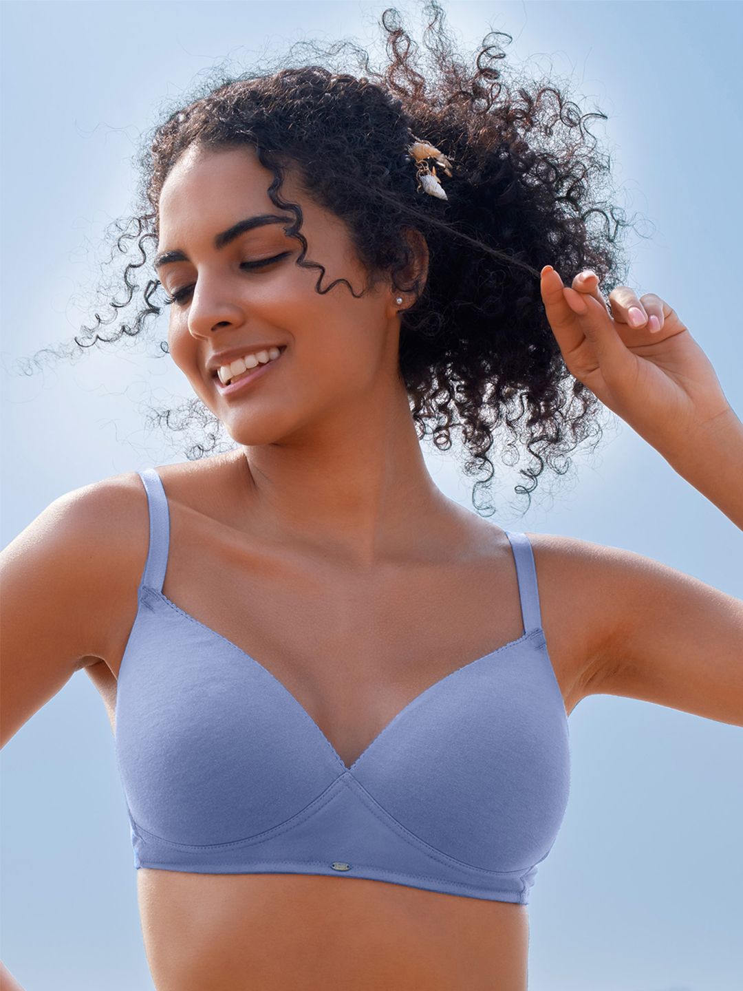 Soie Women Lightly Padded Non-wired Full Coverage Cotton T-shirt Bra with Lace Trim