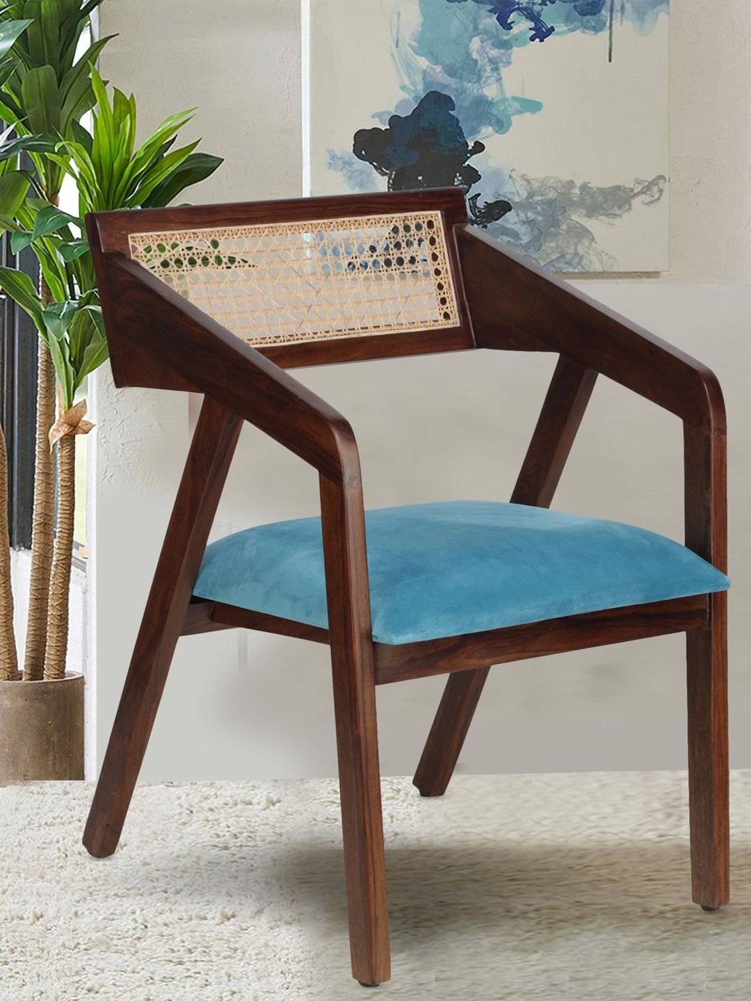 GLOBALLY INDIAN Blue And Brown Cane-Back Accent Wooden Lounge Chair