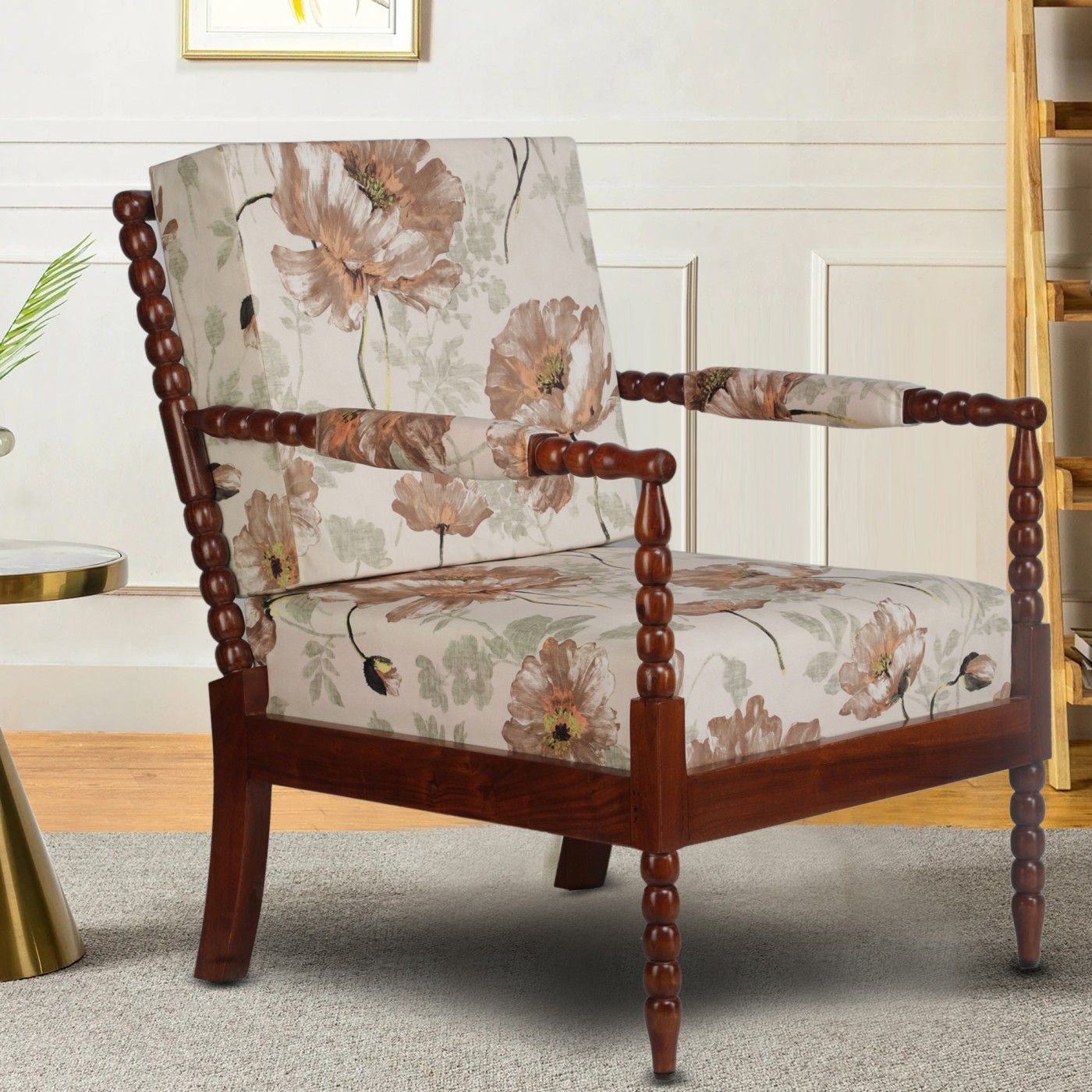 GLOBALLY INDIAN Beige And Brown Printed Classic Wooden Lounge Chair