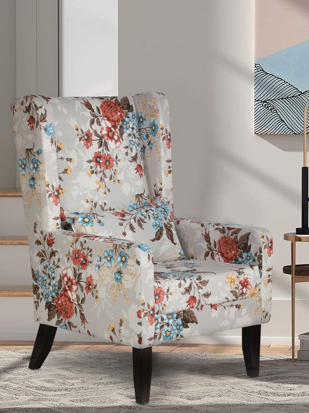 GLOBALLY INDIAN Grey & Blue Printed Wooden Lounge Chair