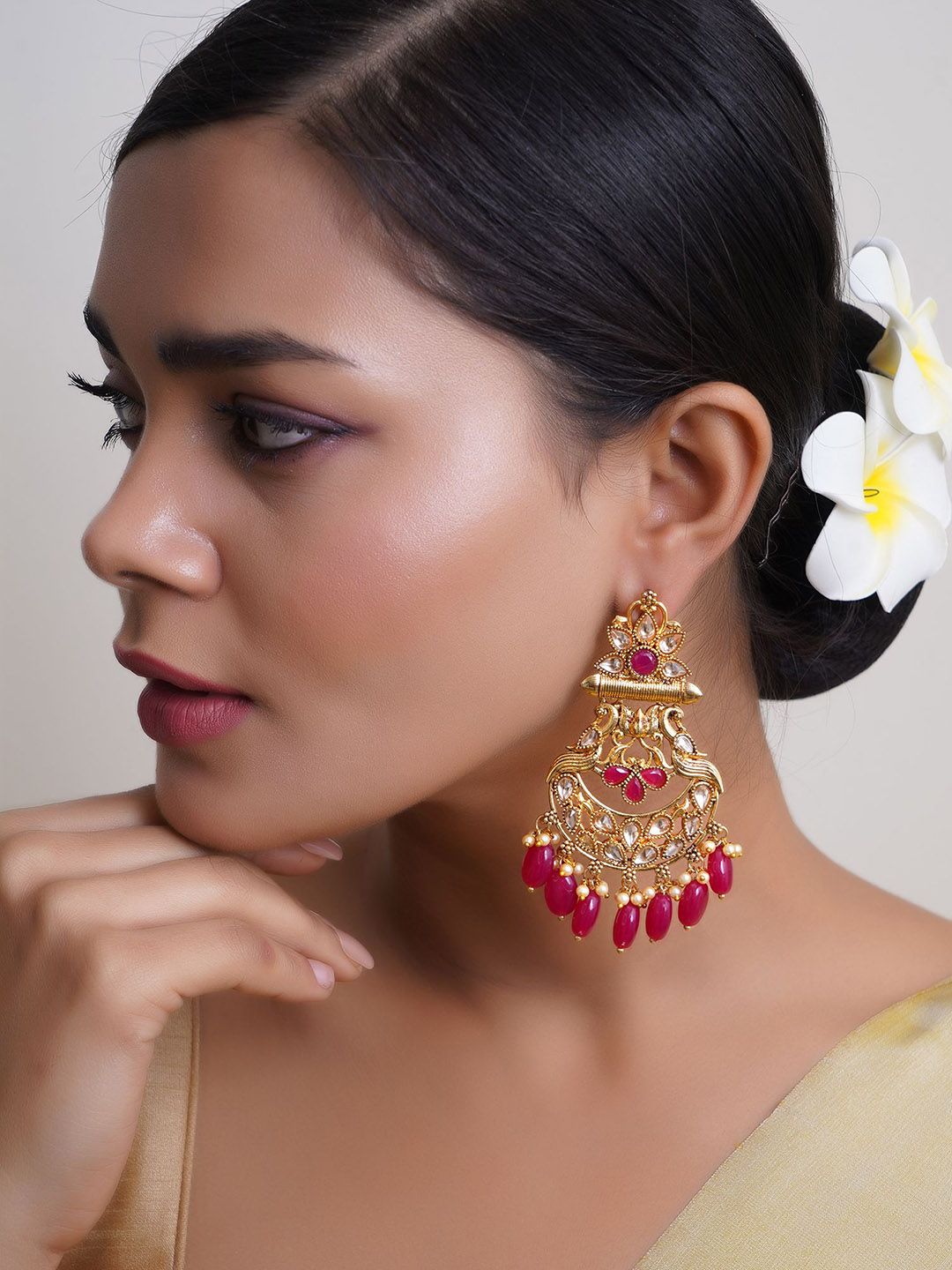 Adwitiya Collection Gold Plated Red Artificial Stone Studded Peacock Shaped Drop Earrings-picture-18