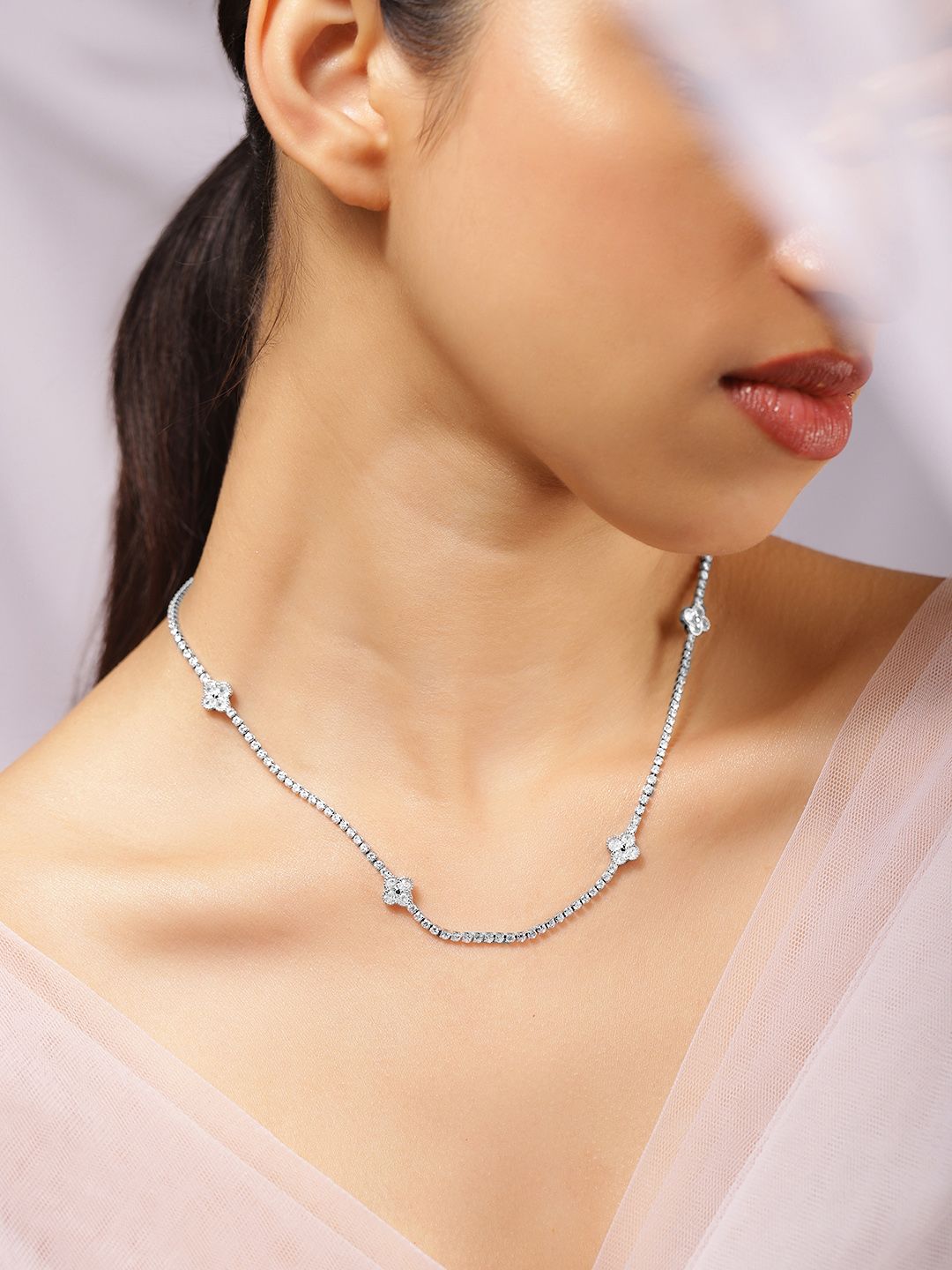 Rubans Rhodium Plated Crystal & Cubic Zirconia Studded Floral Motif Luxe Tennis Necklace-picture-23