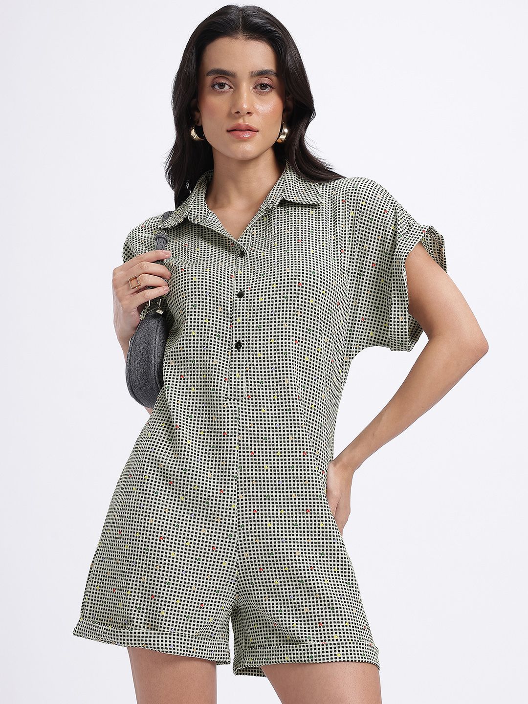 glitchez Checked & Heart Print Playsuit