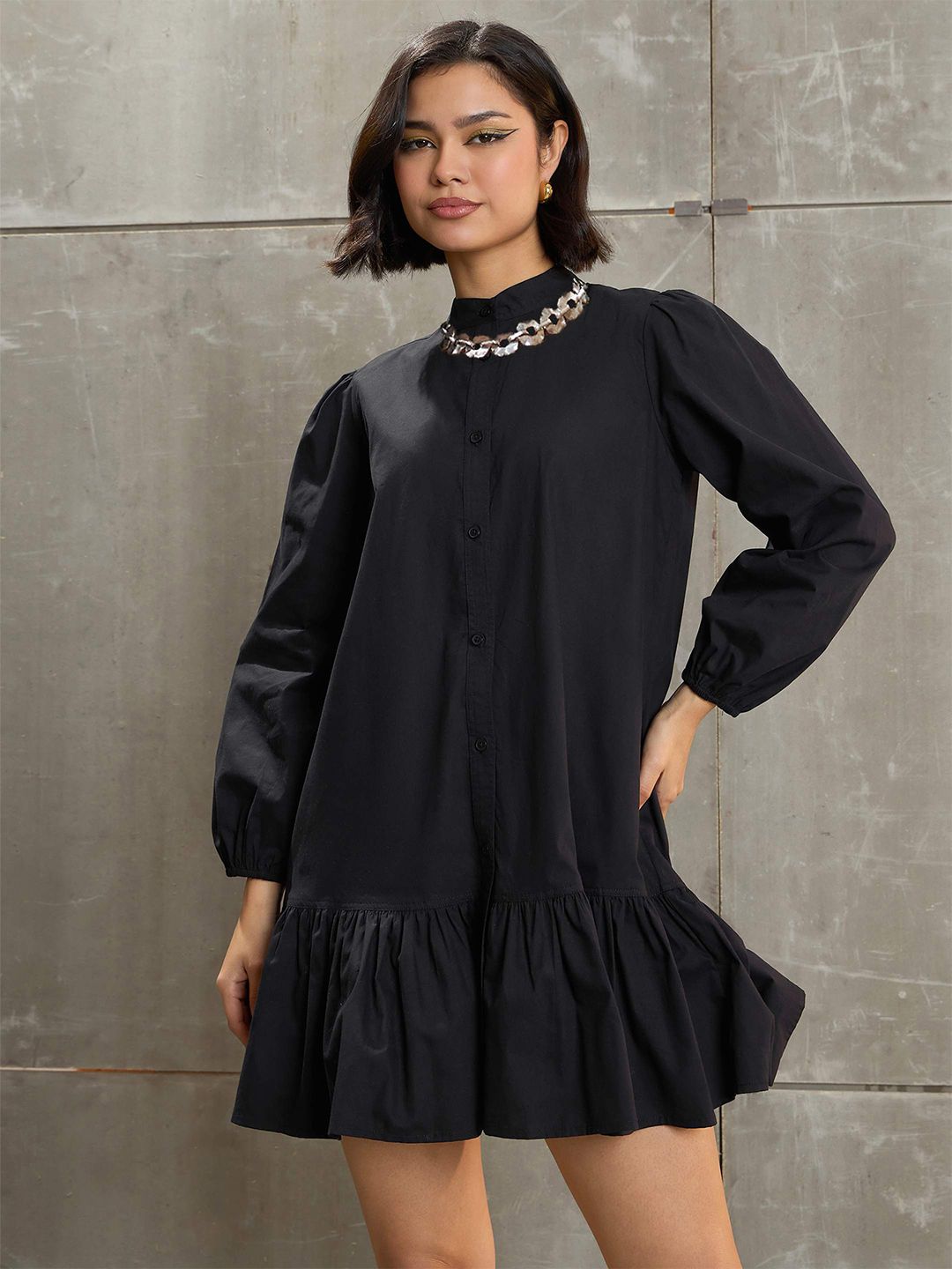 SASSAFRAS Women Puff Sleeves Cotton Drop-Waist Dress-picture-24