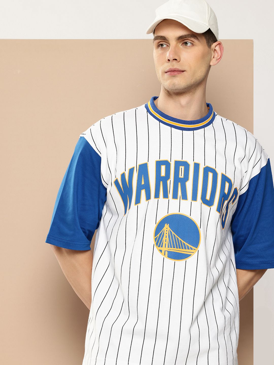 NBA Men Golden State Warriors Striped Oversized Pure Cotton T-shirt-picture-0