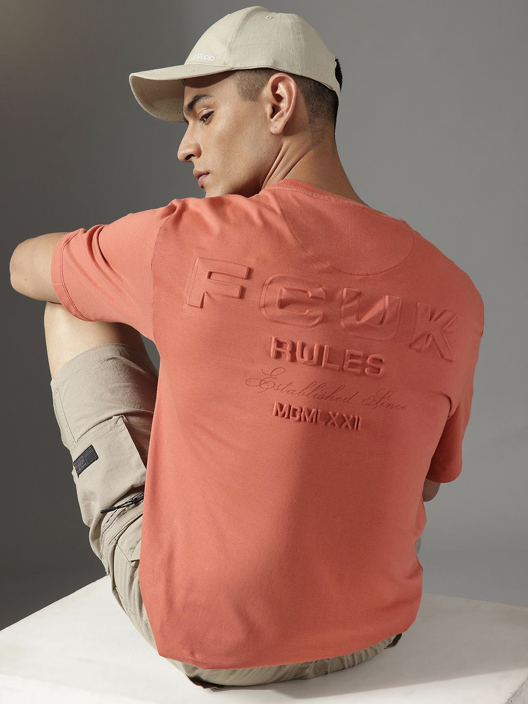 FCUK Pure Cotton Brand Logo Embossed Relaxed Fit T-shirt-image-3