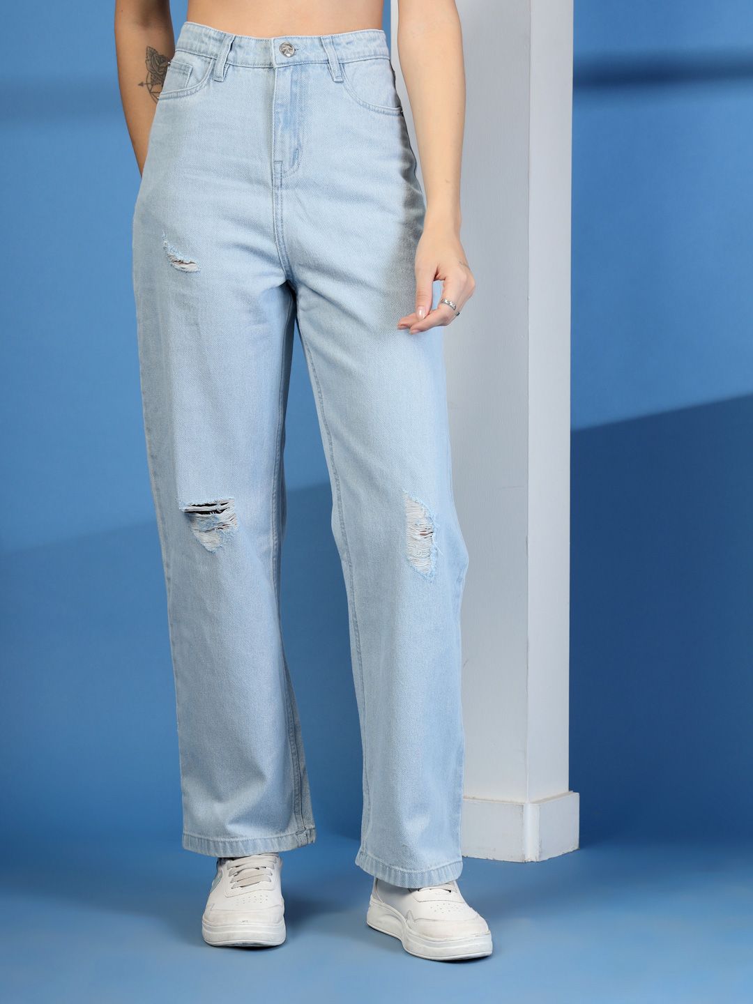 COSMIC TRIO Women Wide Leg High-Rise Mildly Distressed Ripped Cotton Jeans