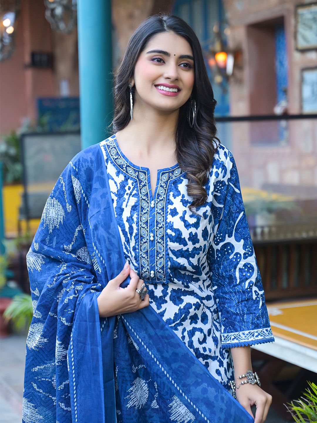 Varanga Floral Printed Notch Neck Straight Kurta With Trousers & Dupatta
