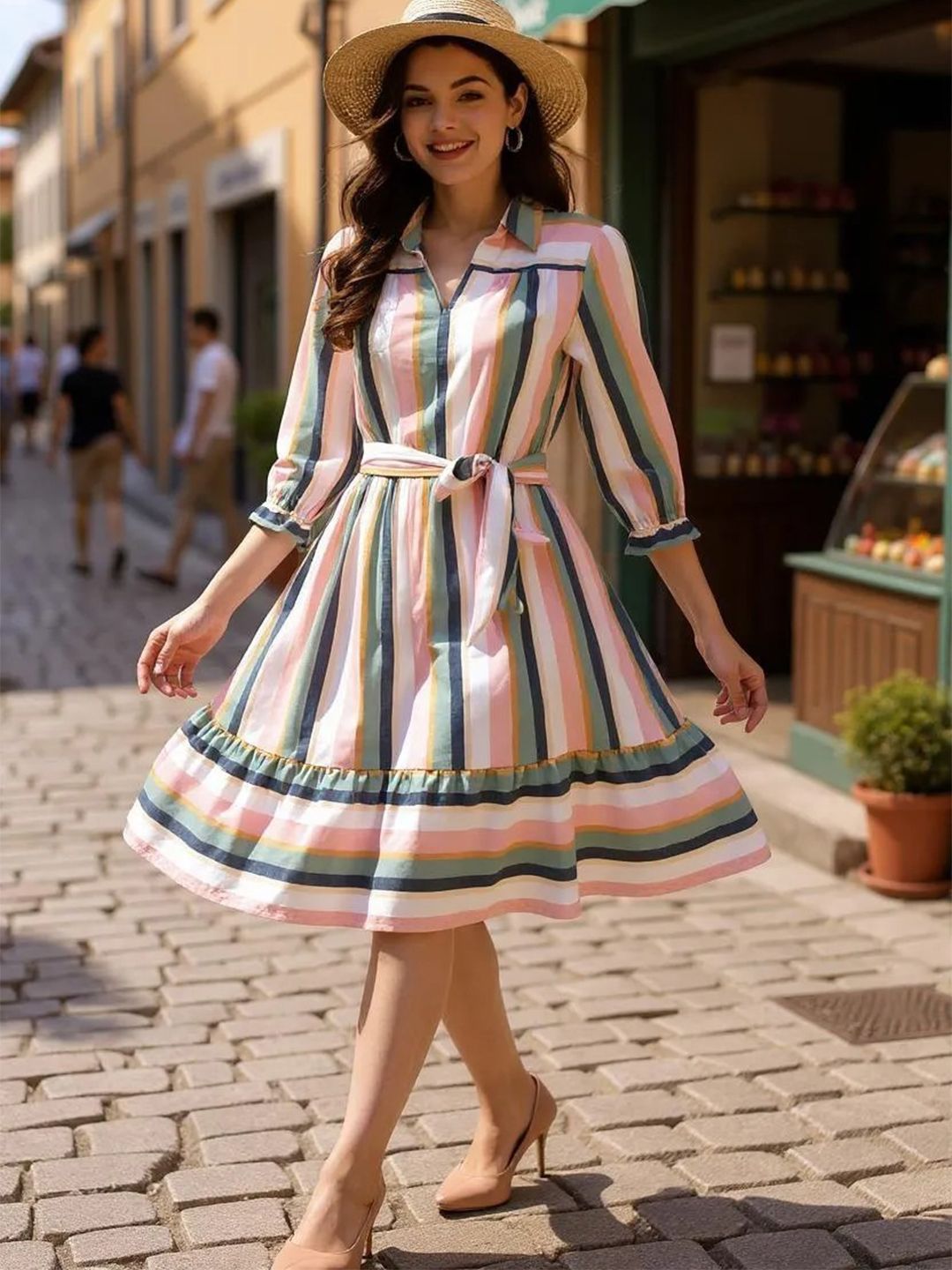 Hive91 Women Striped Multicoloured A-Line Midi Dress