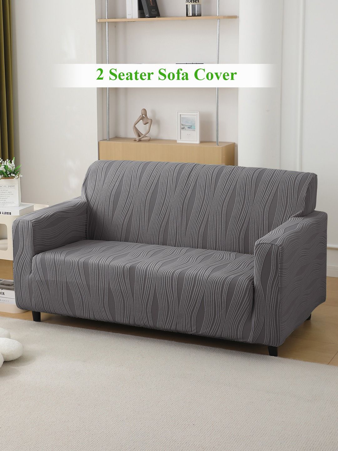 HOKIPO Grey Striped Knitting Jacquard 2 Seater Sofa Cover With Arms-image-39