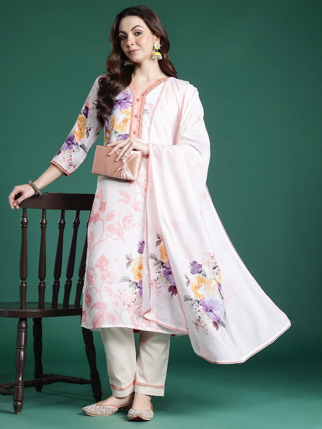 Indo Era Floral Printed Beads and Stones Linen Kurta with Trousers & With Dupatta-picture-31