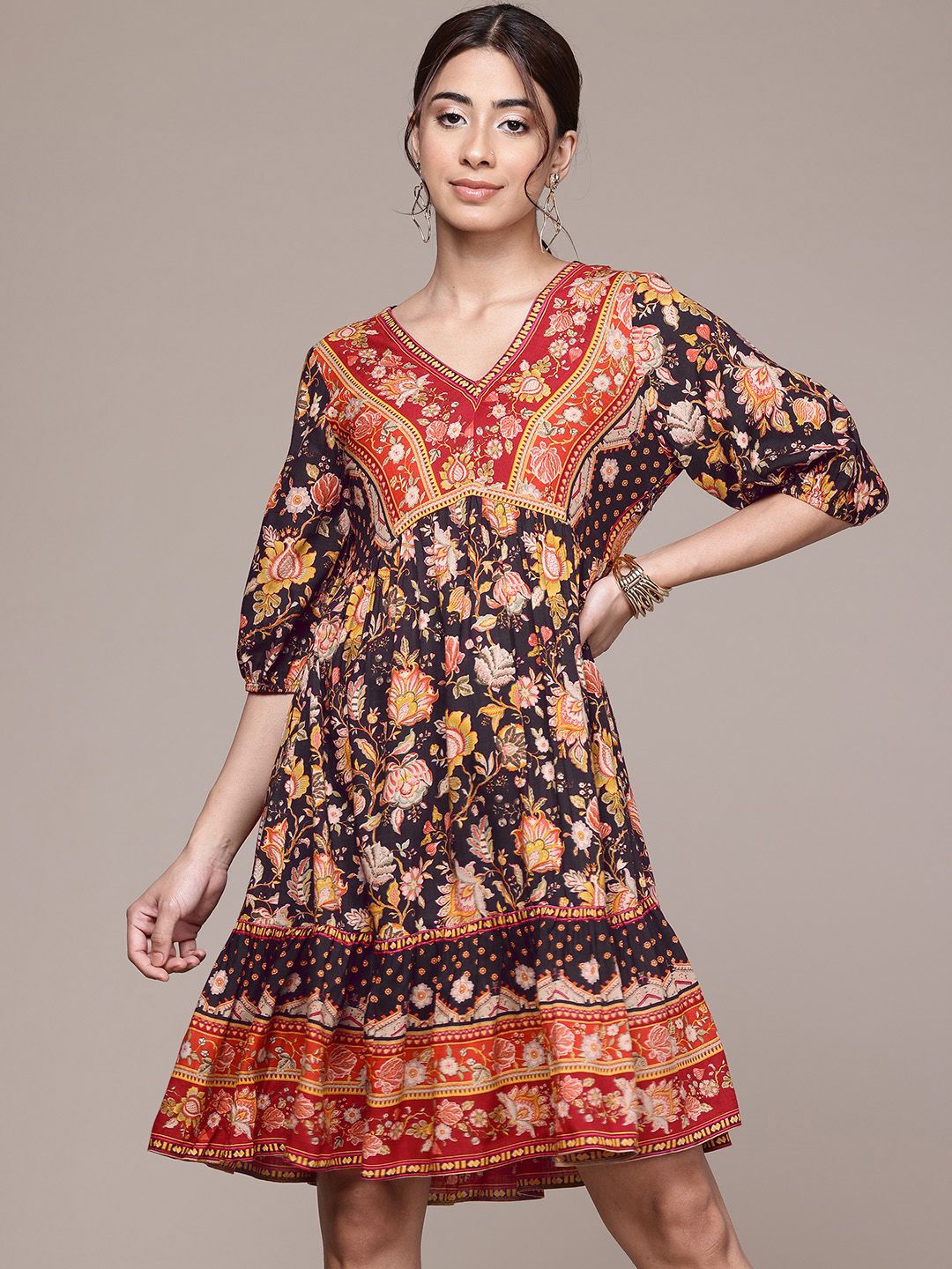 aarke Ritu Kumar Floral Printed Puff Sleeve A-Line Dress-picture-21