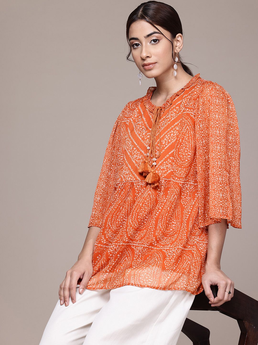 aarke Ritu Kumar Printed Tie-Up Neck Flared Sleeves Ethnic Top-picture-22