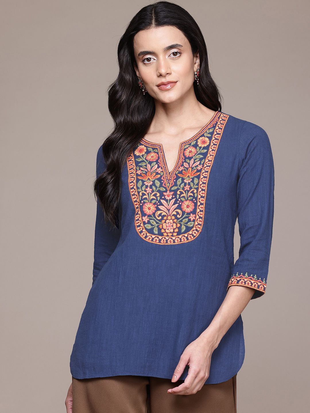 aarke Ritu Kumar Floral Embroidered Flared Sleeves Thread Work Pure Cotton Kurti-picture-29