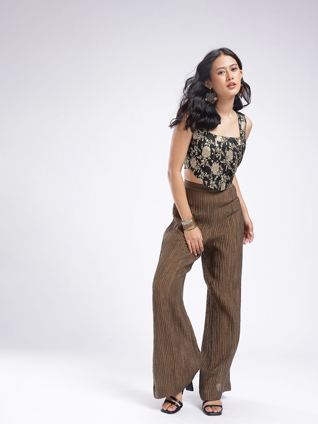 Floral Woven Design Corset Detail Fusion Crop Top view 2