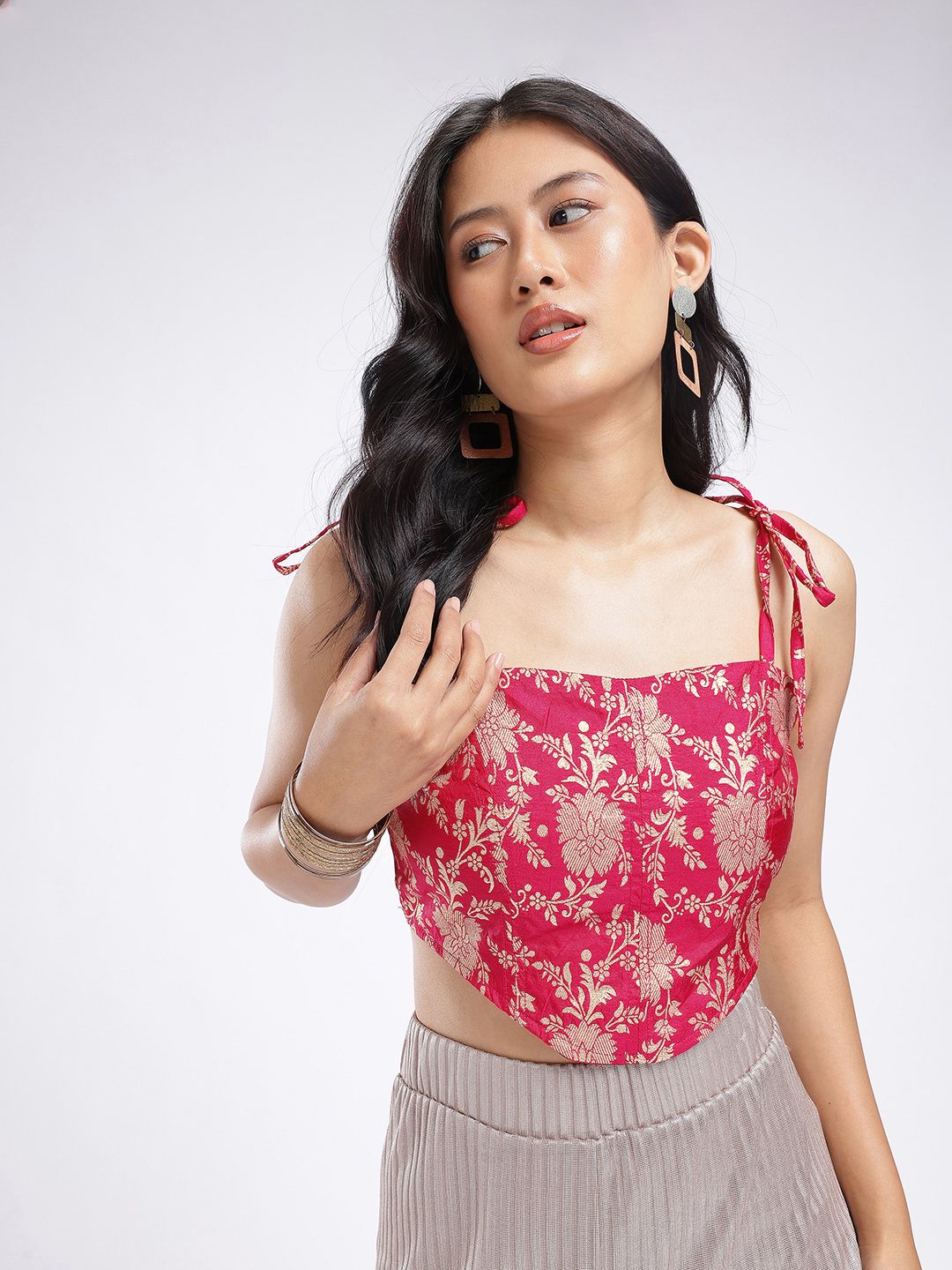 glitchez Floral Woven Design Shoulder Tie-Ups Corset Detail Fusion Crop Top-picture-23