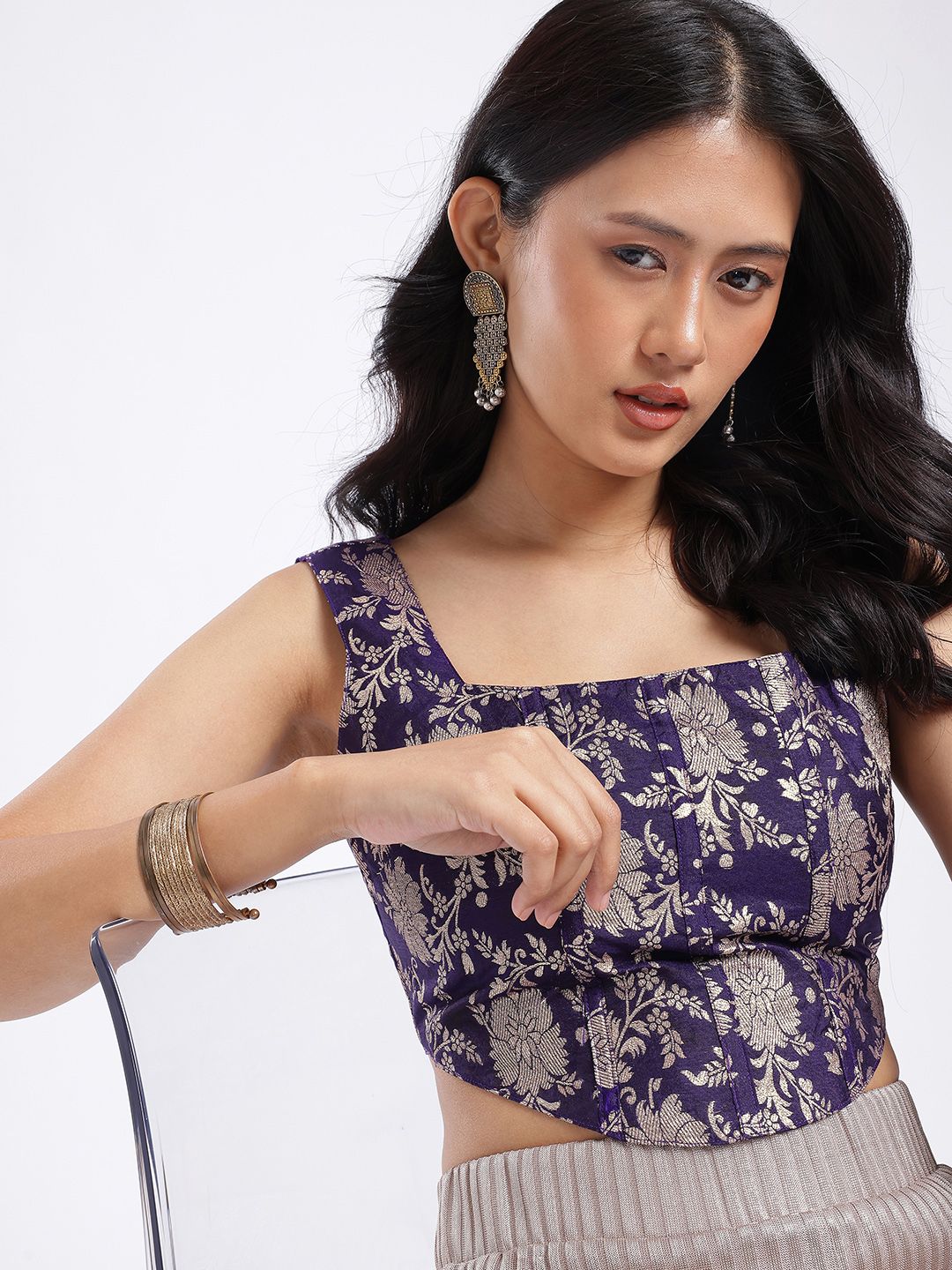 glitchez Floral Woven Design Corset Detail Fusion Crop Top-picture-16