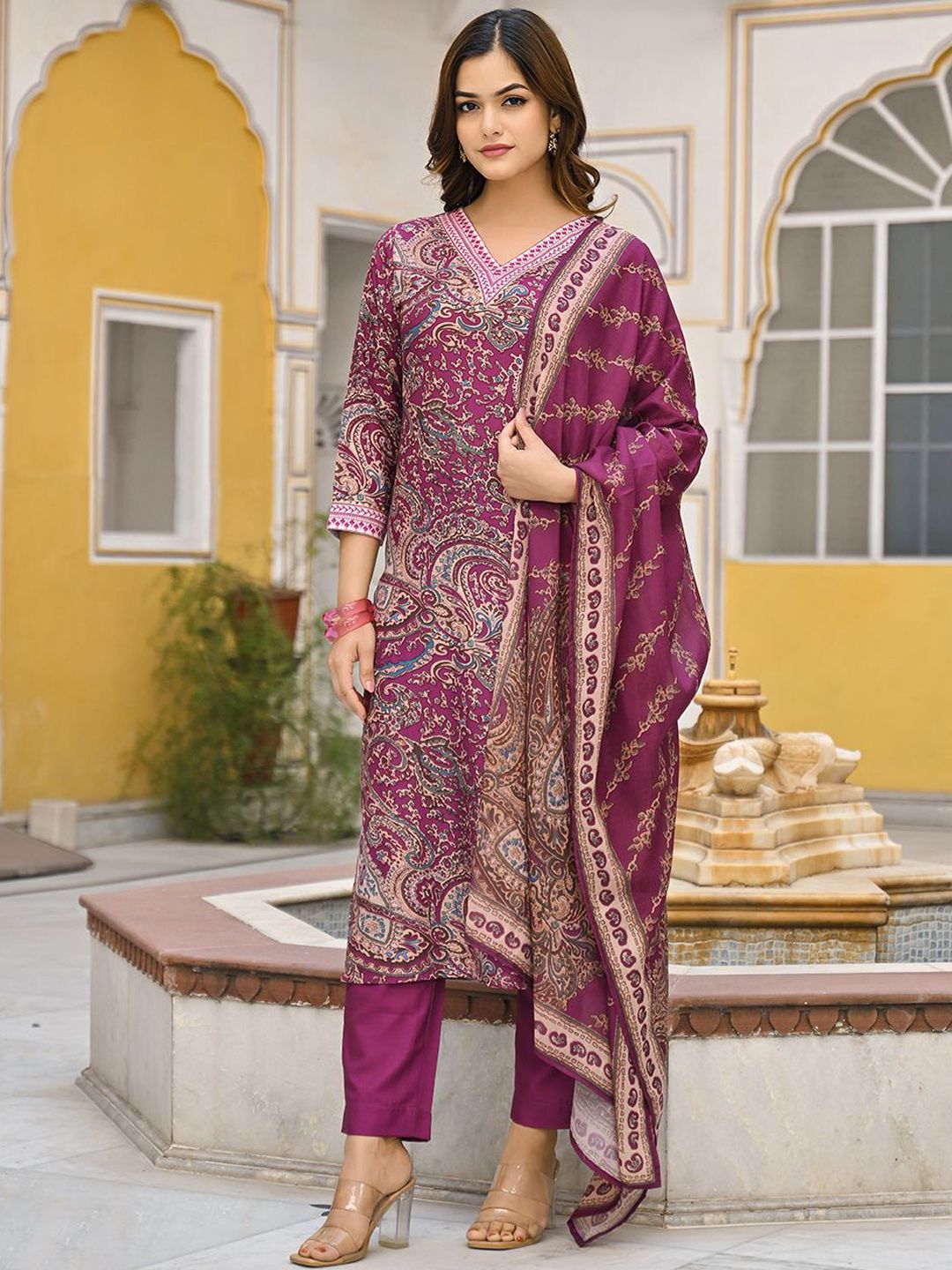 KALINI Women Paisley Printed V-Neck Straight Kurta with Trousers & With Dupatta-picture-17