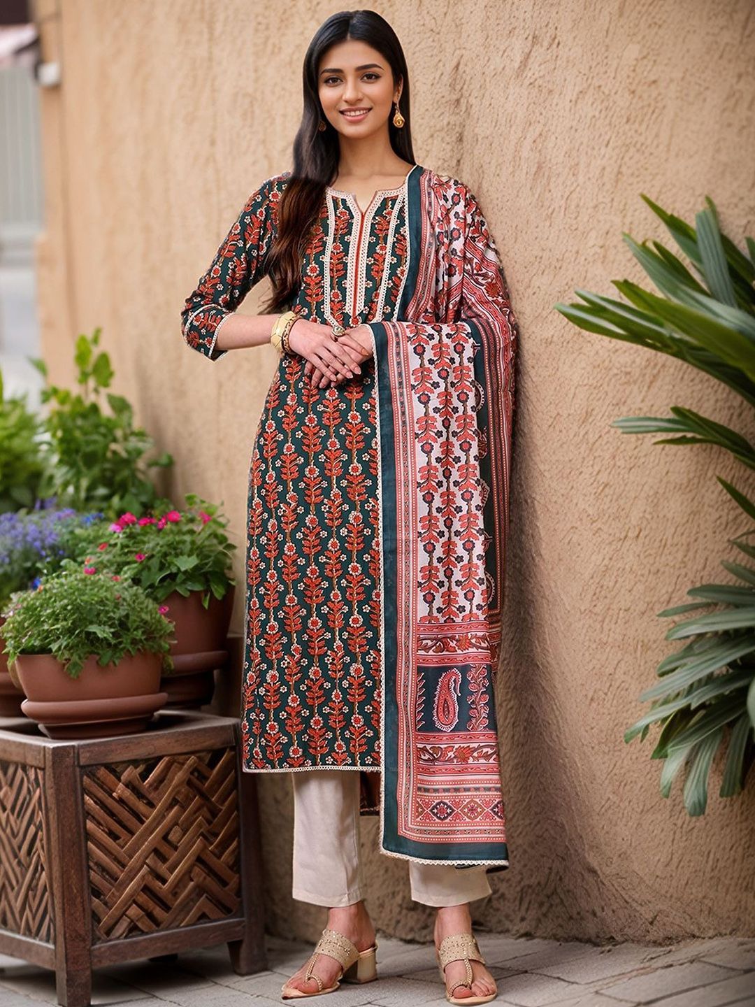 Anouk Floral Printed Notch Neck Pure Cotton Straight Kurta With Trousers & Dupatta