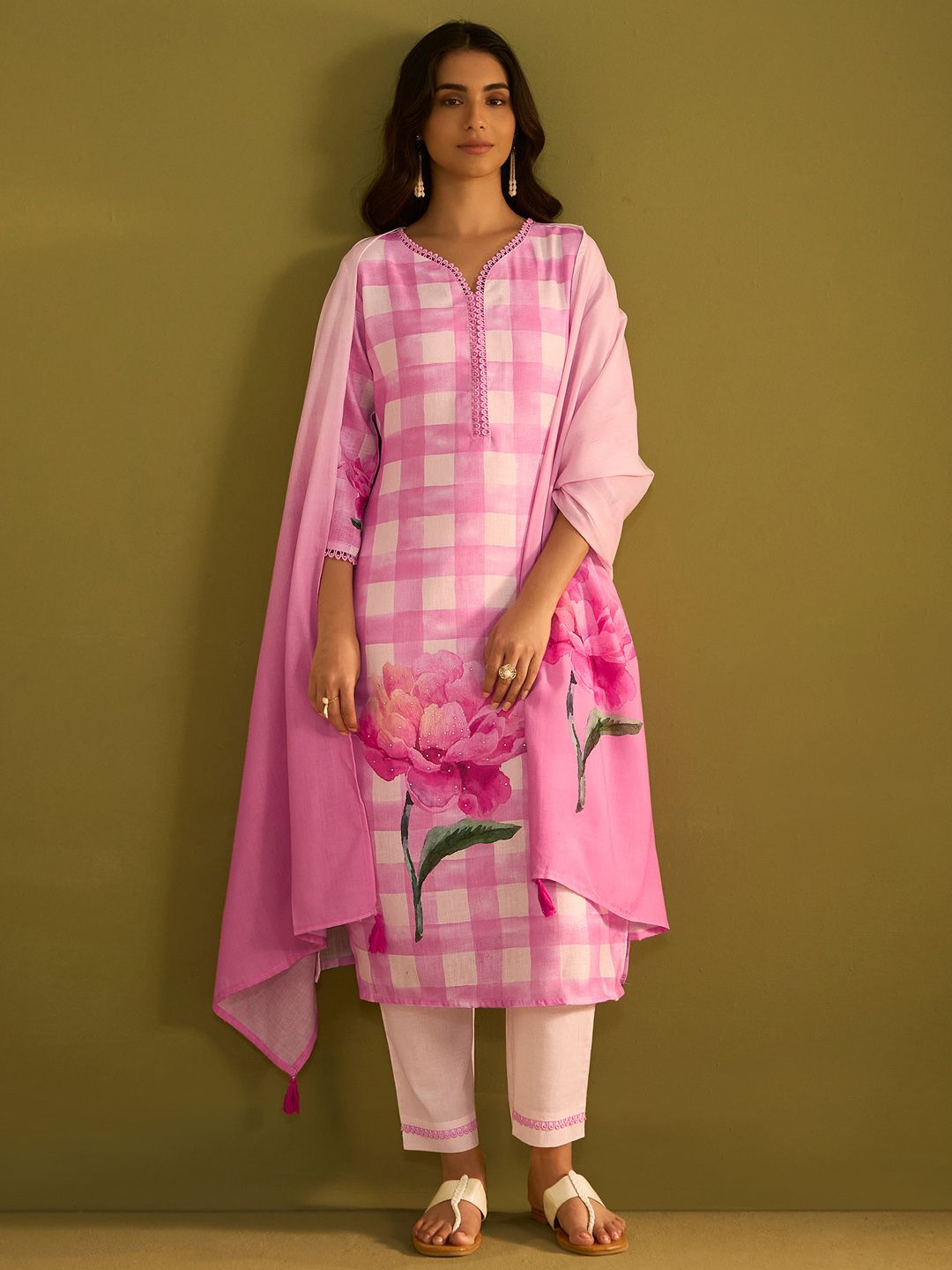 Indo Era Floral Printed Sweetheart Neck Stone Work Linen Kurta With Trouser & Dupattta-picture-49
