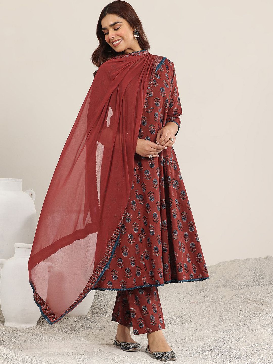Libas Floral Yoke Design V-Neck Thread Work A-Line Kurta With Trousers And Dupatta