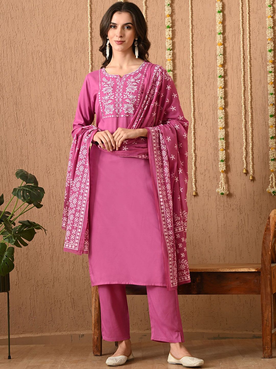 Women Floral embroidered v_neck Pure Cotton Kurta trouser & Dupatta Set
