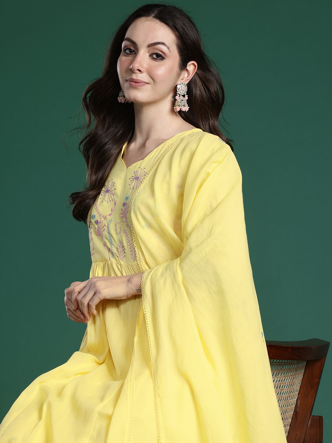Indo Era Floral Embroidered Thread Work Pure Cotton Kurta with Trousers & With Dupatta