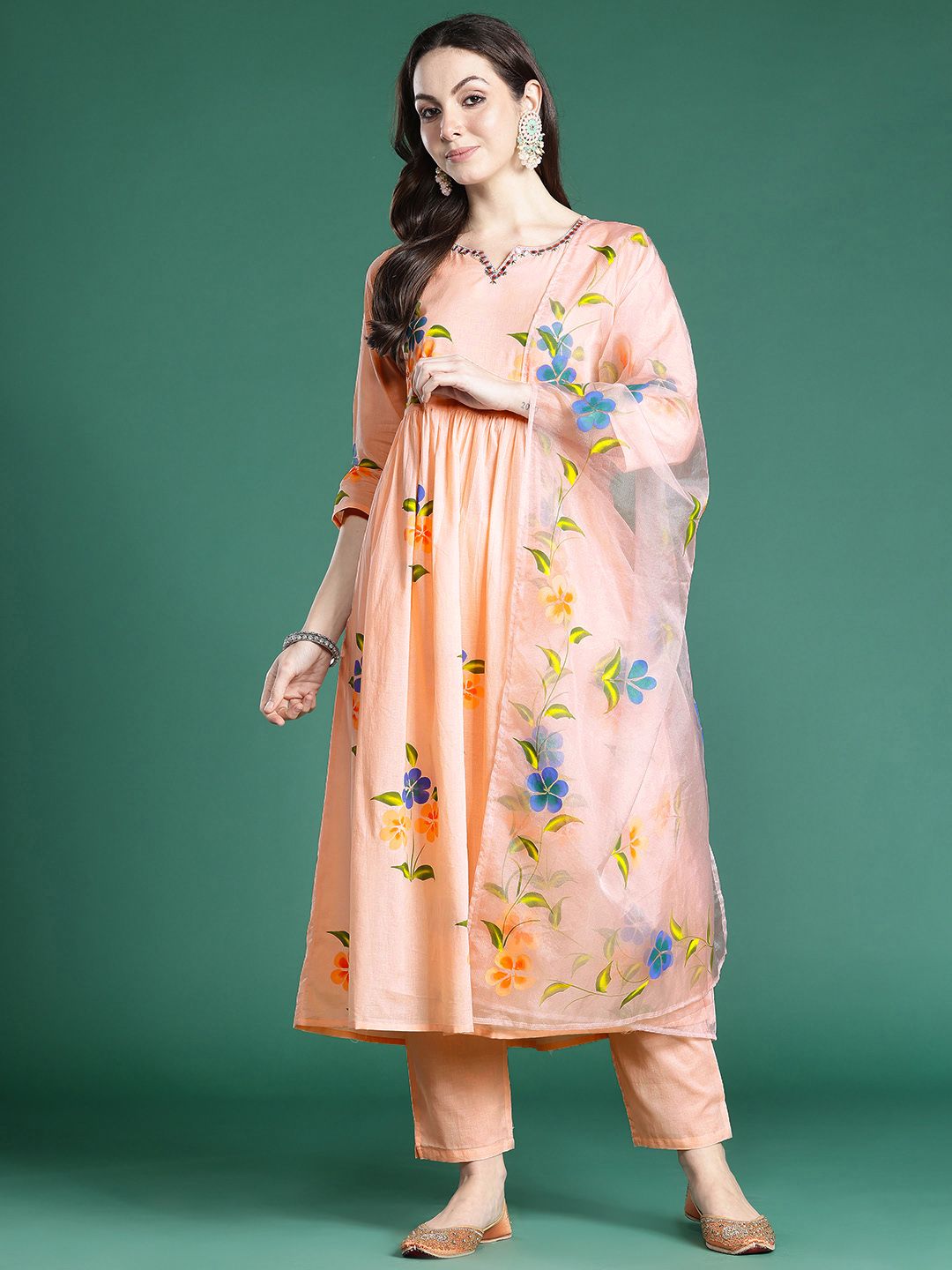 Indo Era Floral Embroidered Mirror Work Pure Cotton Kurta with Trousers & Dupatta-picture-33