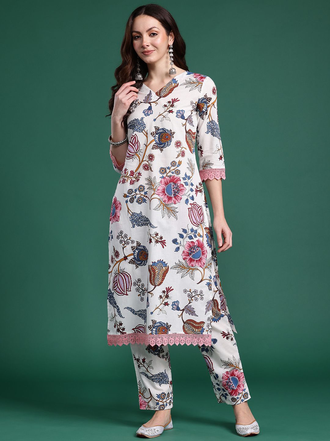Indo Era Floral Printed Regular Pure Cotton Kurta with Trousers-picture-32