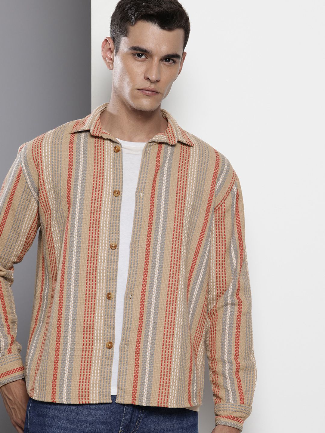 The Indian Garage Co Pure Cotton Striped Drop-Shoulder Sleeves Relaxed Casual Shirt-picture-20