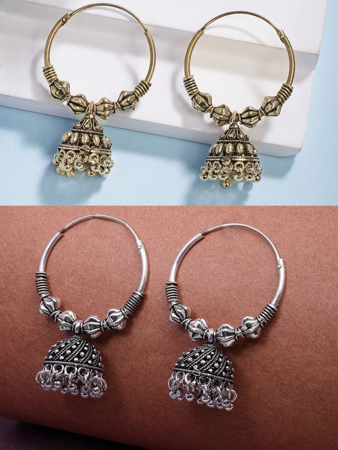 NVR Women Traditional Set of 2 Oxidised Jhumka Earrings-picture-48