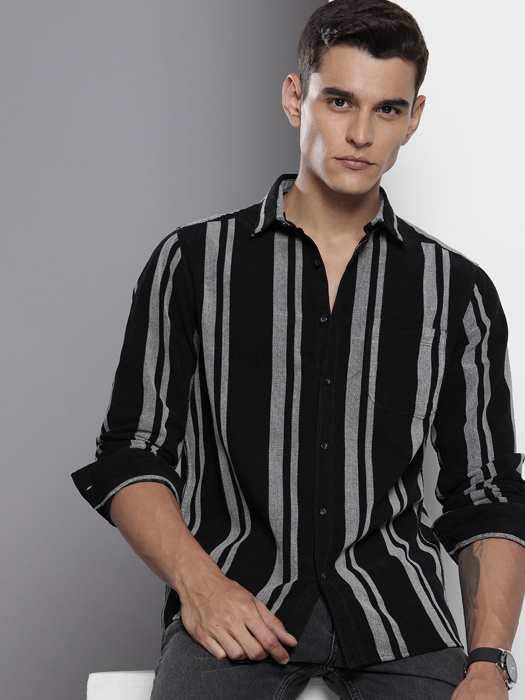 The Indian Garage Co Pure Cotton Striped Corduroy Casual Shirt-picture-16