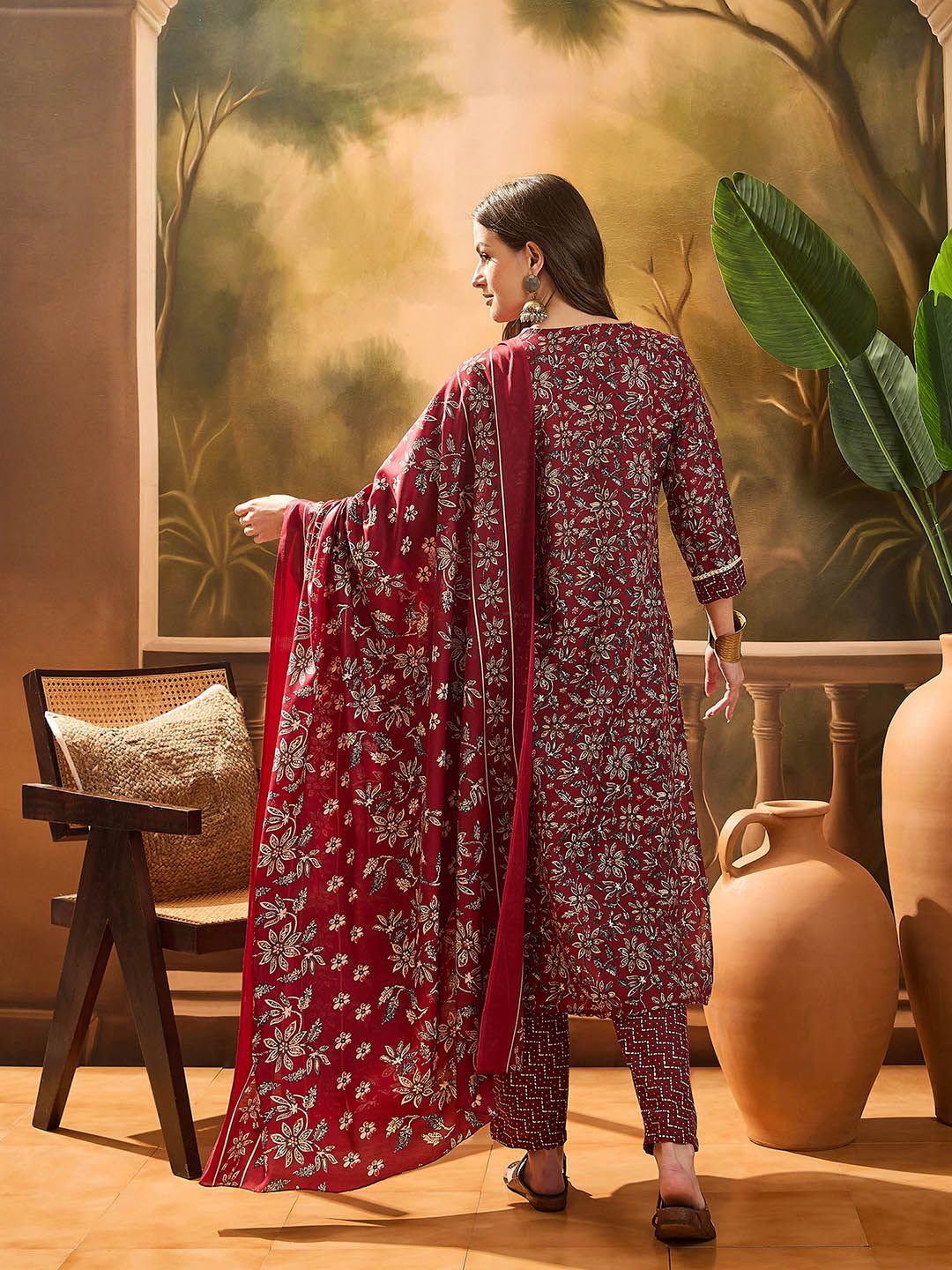 Women Red Cotton Rayon Kurta Pant Dupatta Set