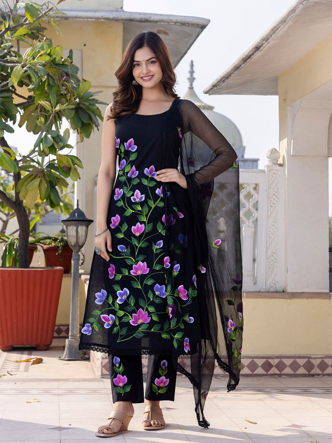 EthniFlair Women Floral Printed Regular Pure Cotton Kurta with Pyjamas & With Dupatta-image-11