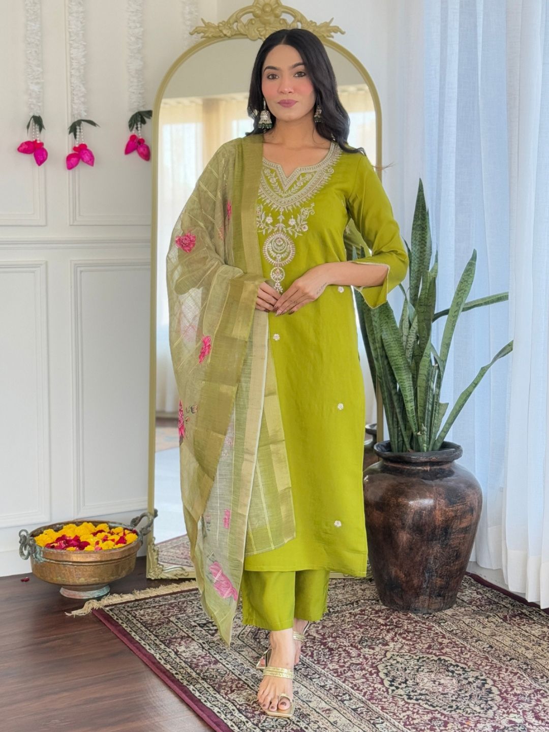 Women's Gold Printed Beads and Stones Dupion Silk Kurta Set