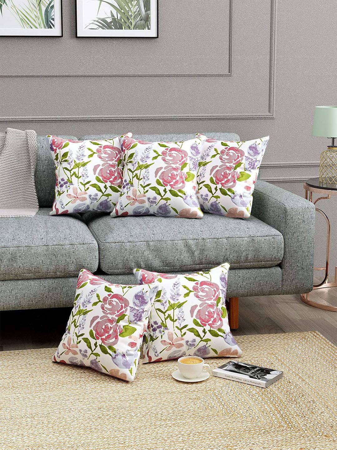 Trance Home Linen Purple & White Set of 5 Floral Square Cushion Covers-picture-32