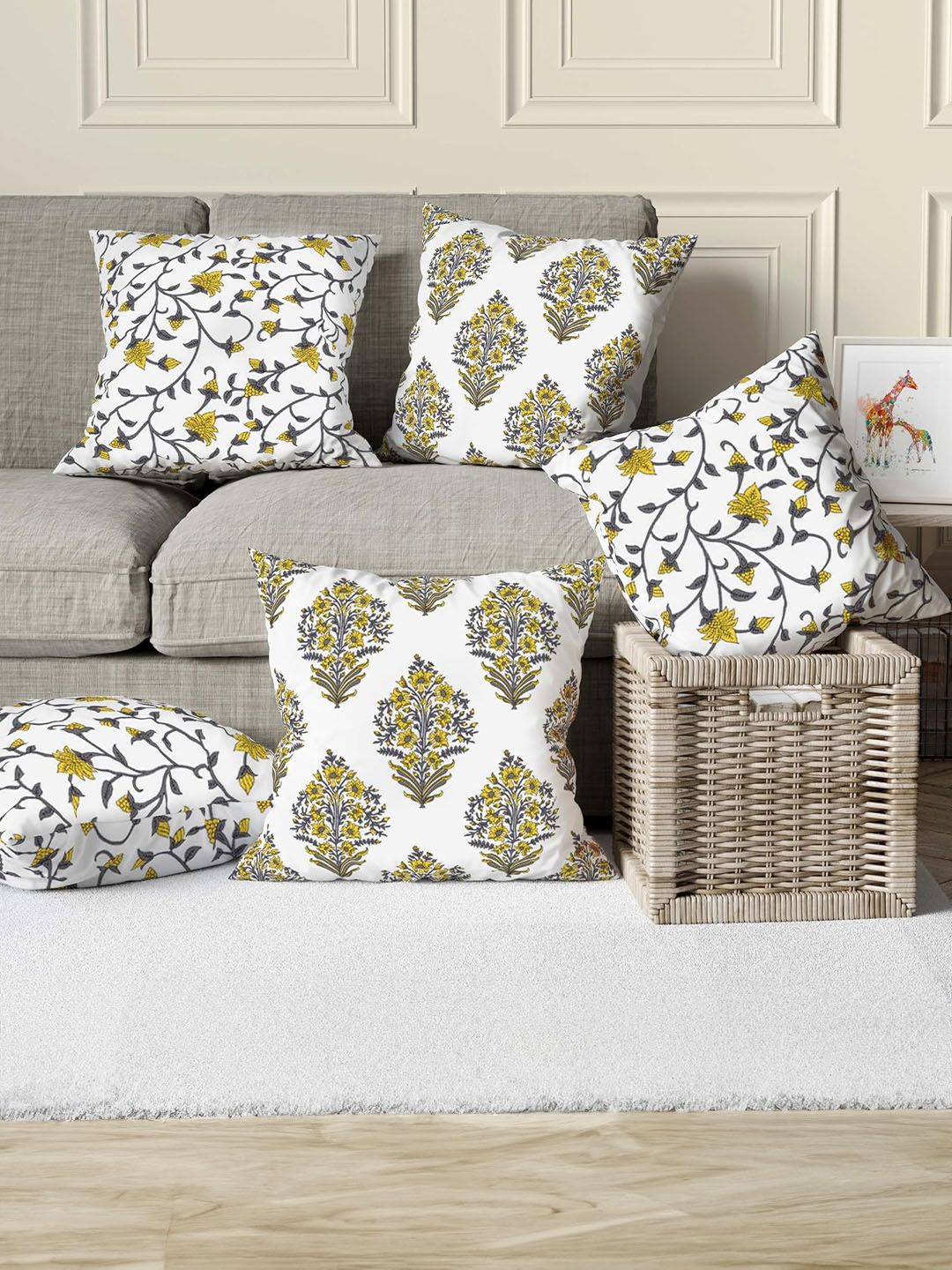 Trance Home Linen Yellow & White Set of 5 Floral Square Cushion Covers-image-20