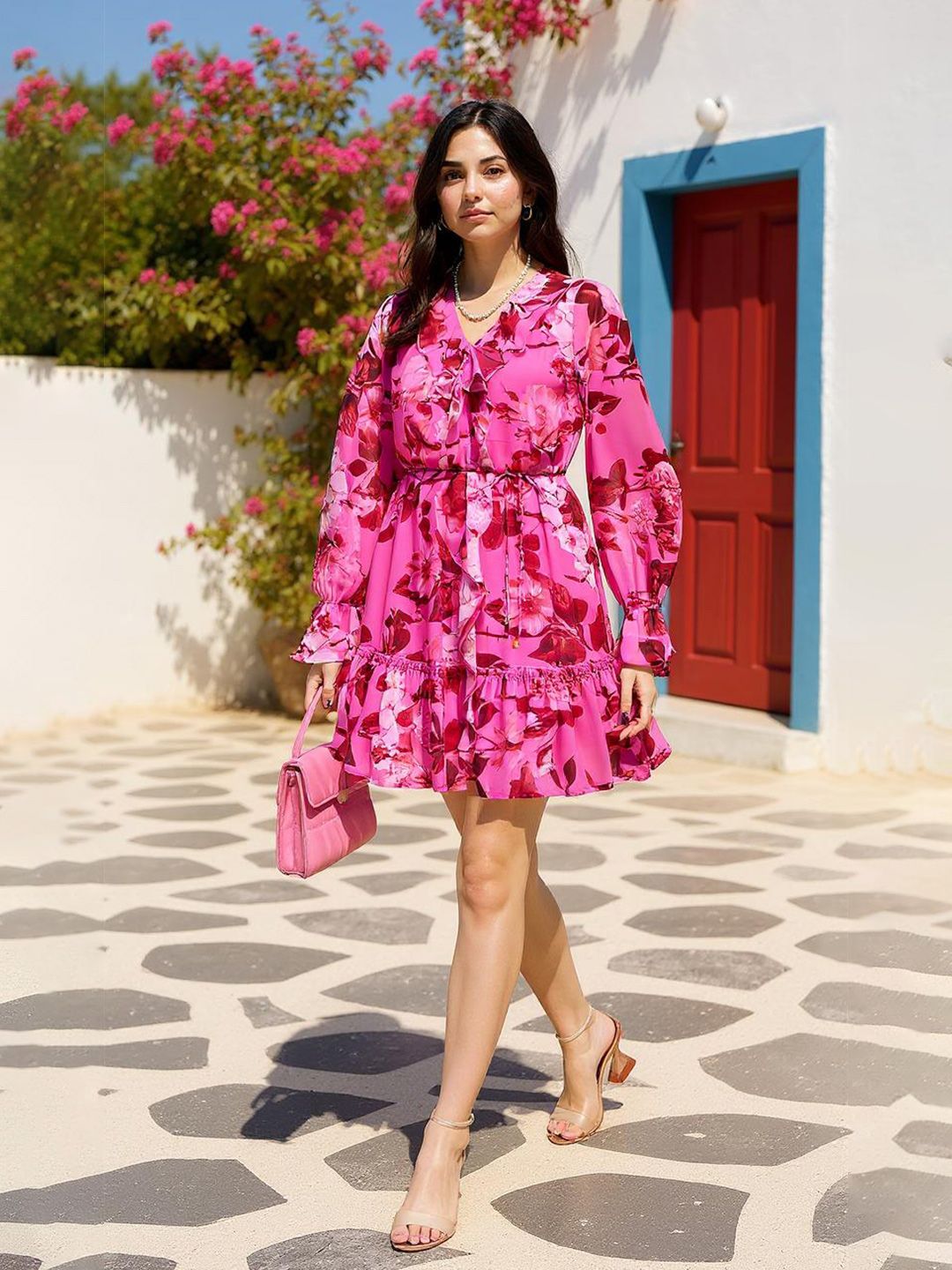 ZUMMER Floral Print Puff Sleeve Ruffled Georgette Fit & Flare Dress