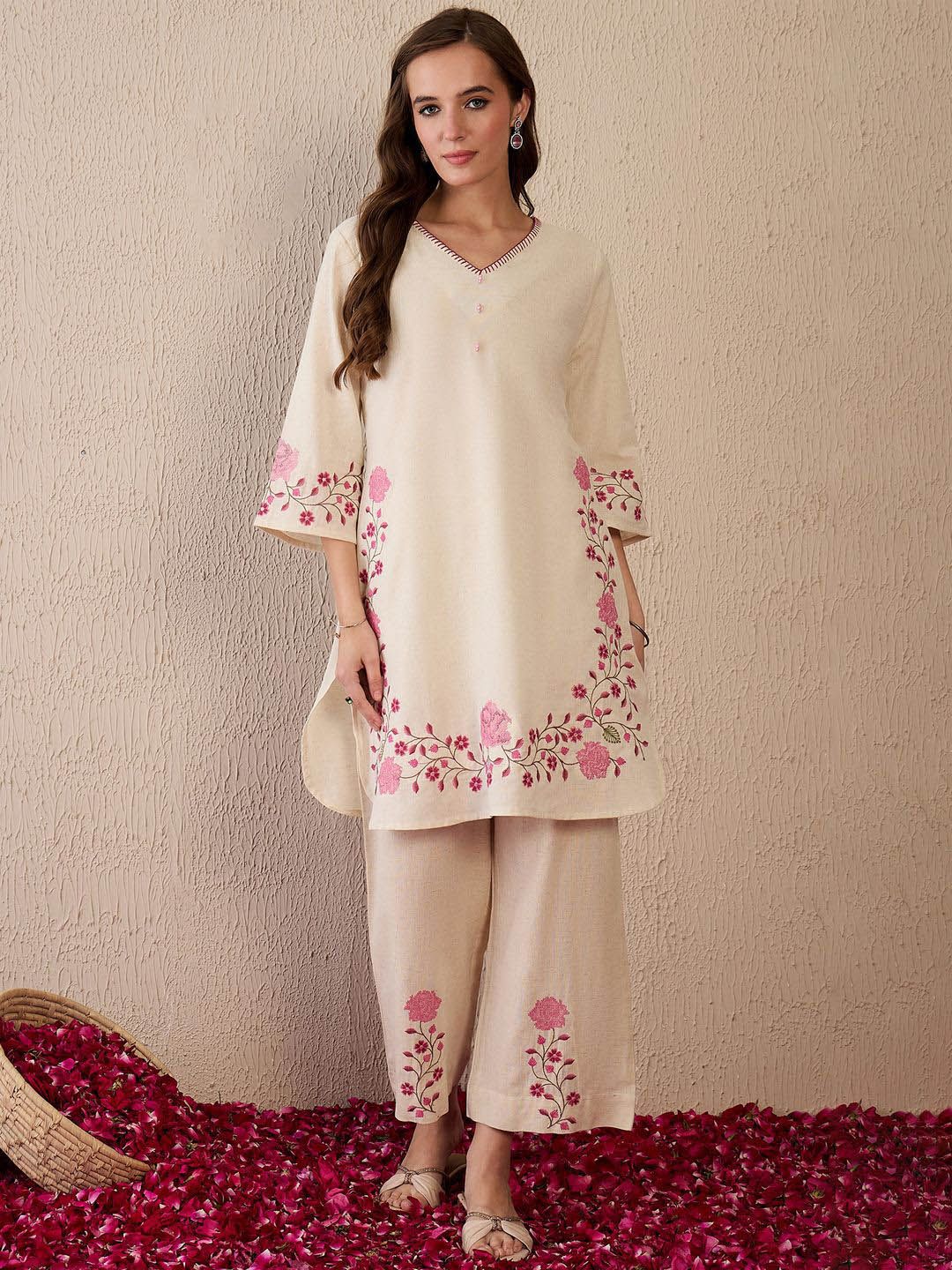 Indo Era Women Floral Embroidered Regular Thread Work Pure Cotton Kurta with Palazzos