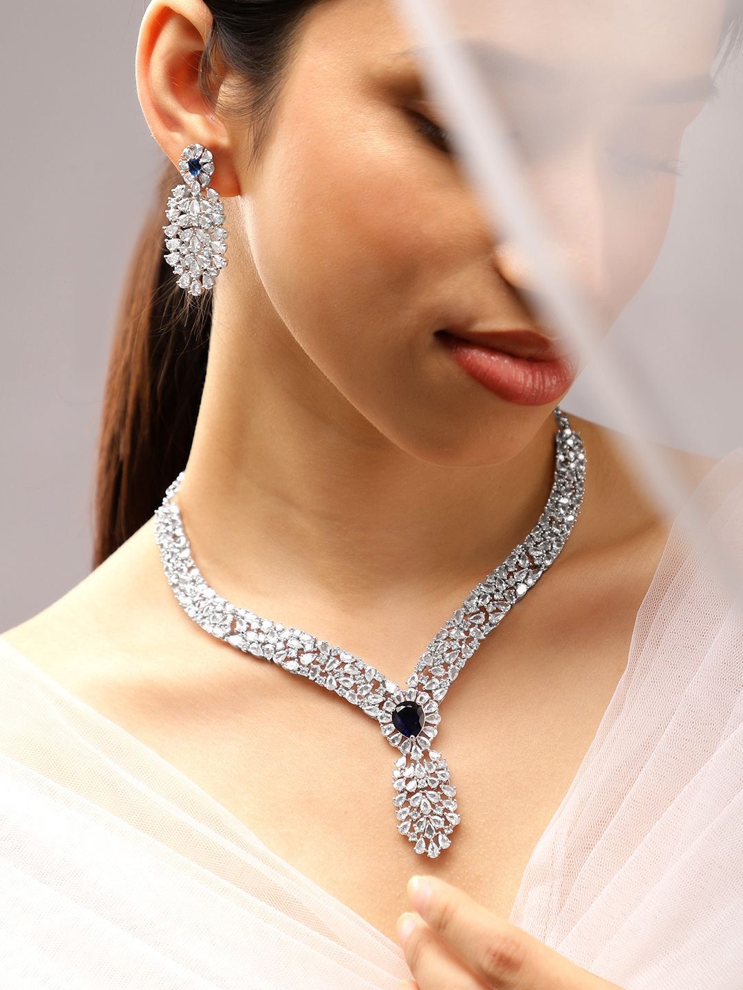 Rubans Rhodium-Plated Rich Purple Cubic Zirconia Floral & Leaf-Inspired Luxe Jewellery Set-image-37