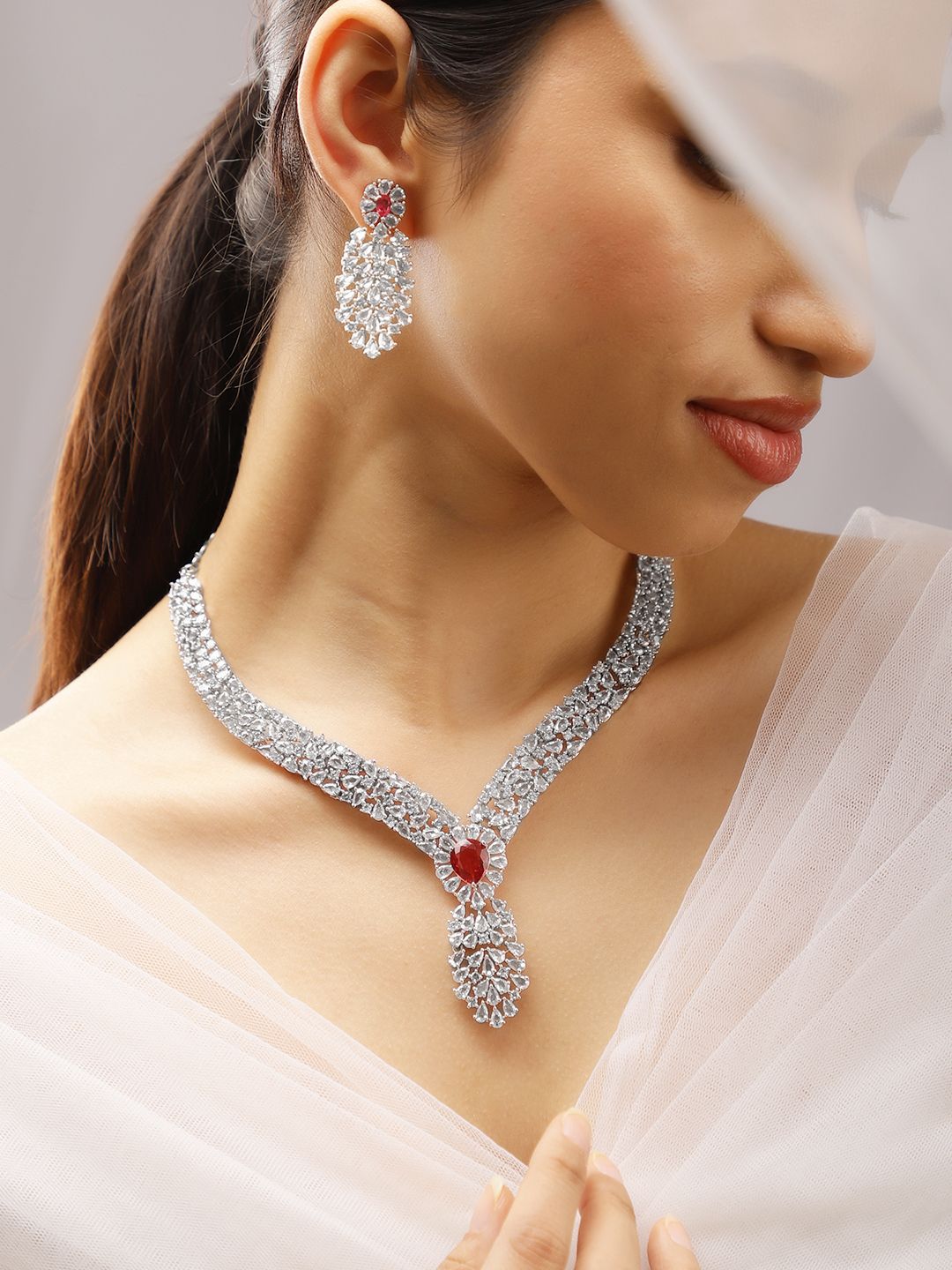 Rubans Rhodium-Plated Ruby Red & Cubic Zirconia Floral & Leaf-Inspired Luxe Jewellery Set-picture-20