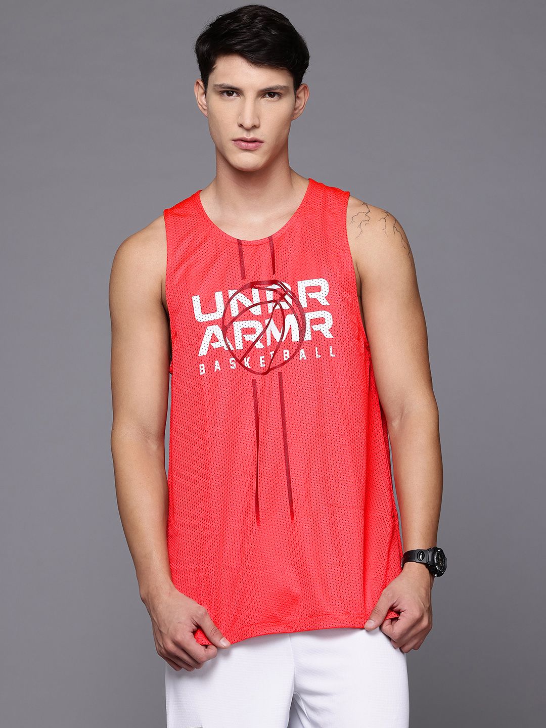 UNDER ARMOUR Brand Logo Printed Reversible Loose Fit Mesh Basketball T-shirt-image-4