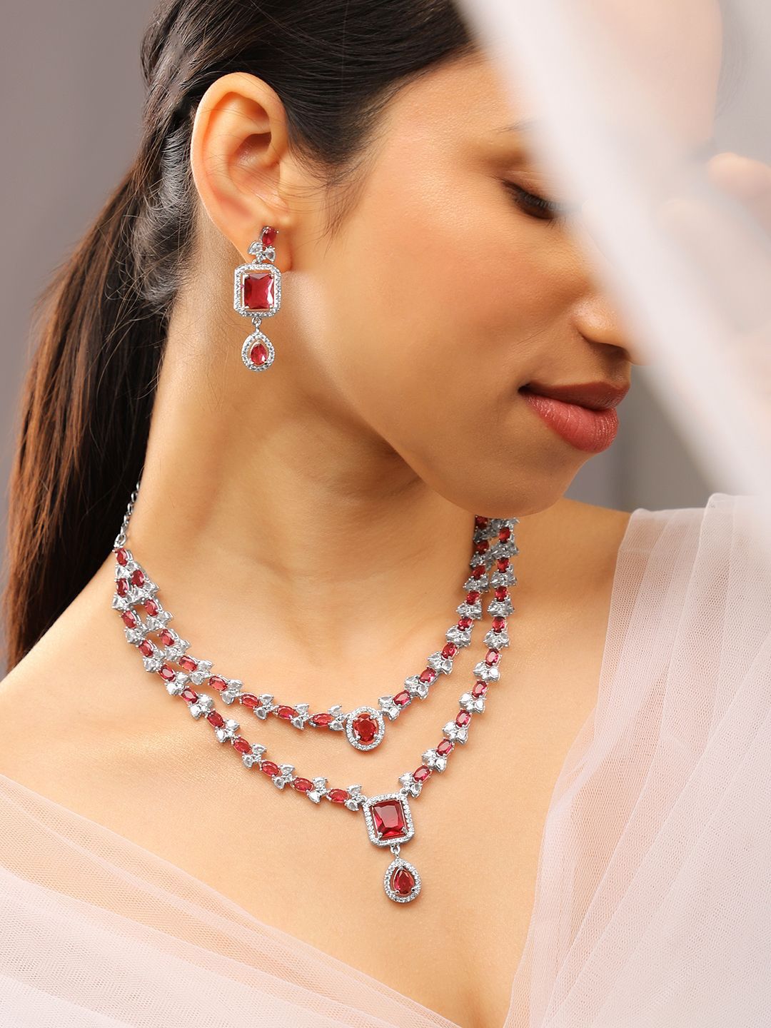 Rubans Rhodium-Plated Cubic Zirconia Studded Luxe Layered Jewellery Set-picture-23
